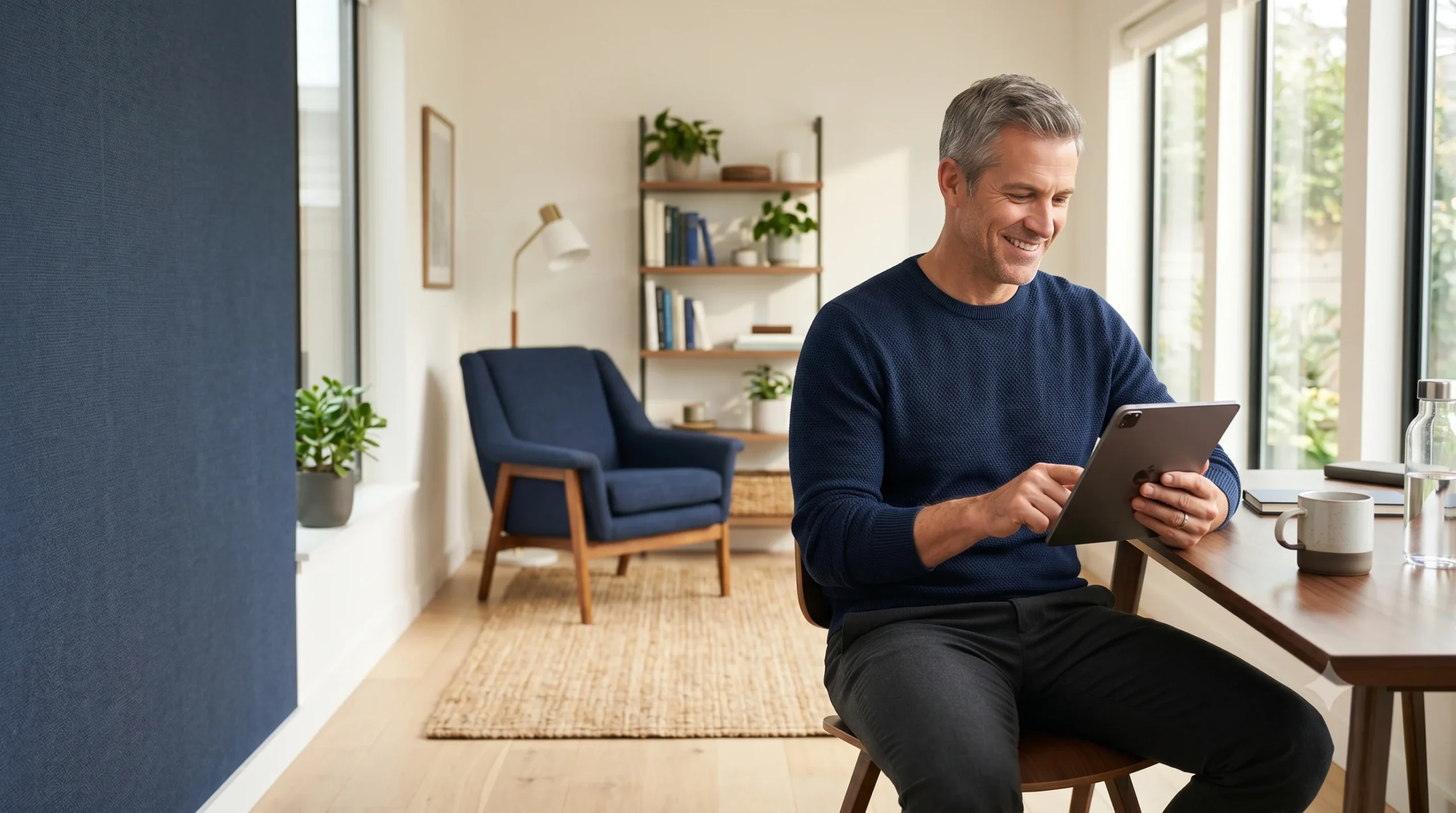 American man in his late 40s looking focused and vital in a bright modern setting representing the ProstaVive blood flow and nitric oxide support formula reviewed by Gendrelly independent wellness portal for American men over 40 seeking natural energy and vitality support.