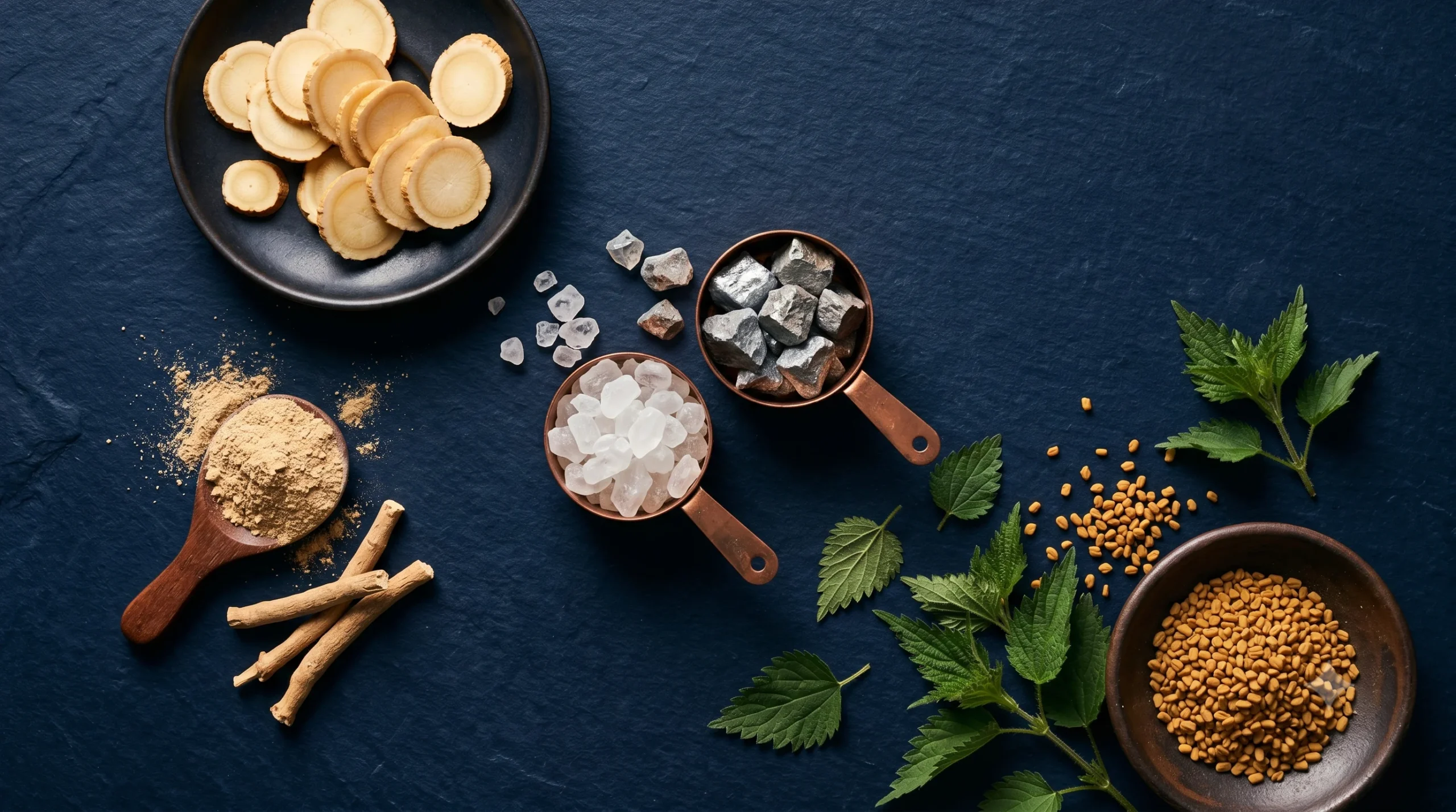 Botanical ingredients including ginseng ashwagandha tongkat ali and zinc arranged on a dark surface representing the 11 key compounds in ProstaVive nitric oxide support formula reviewed by Gendrelly wellness portal