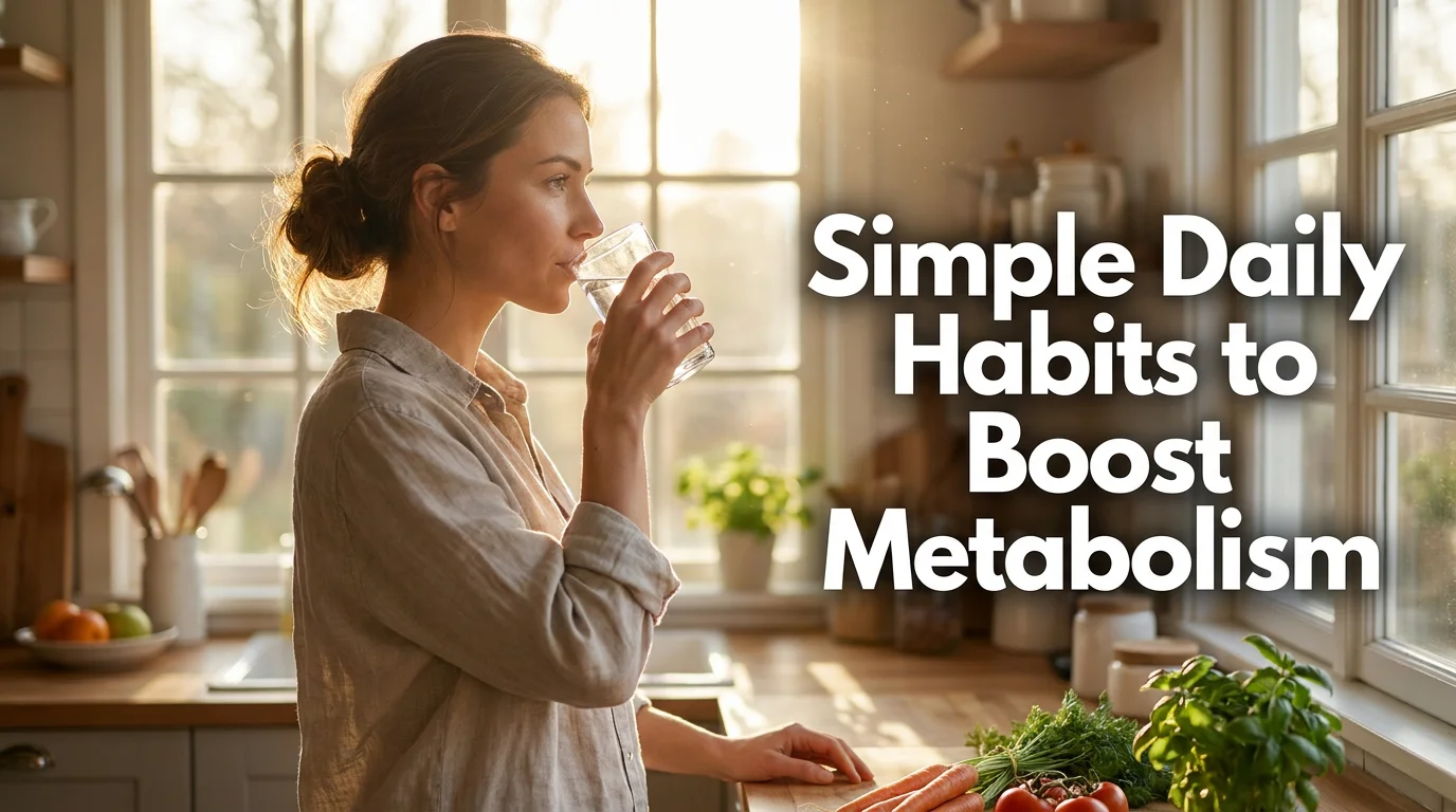 Blog cover image for a women's health article about simple daily habits to boost metabolism naturally. Woman in a bright modern kitchen drinking a glass of water in soft natural morning light, editorial photography style. Text overlay on the right side reads: Simple Daily Habits to Boost Metabolism. Created for American women researching natural metabolism support habits, daily routines for fat burning, and science-backed lifestyle strategies to boost metabolic rate after 30.