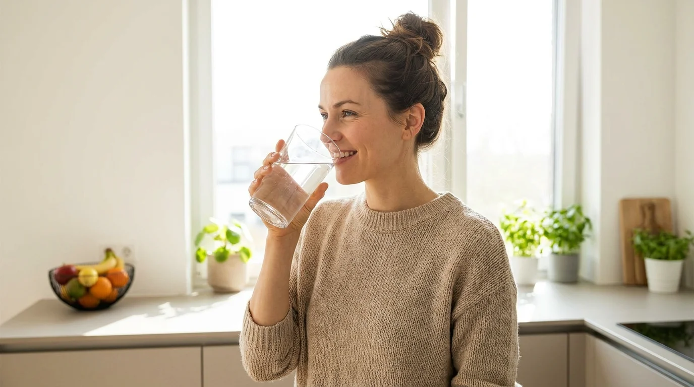 Woman in her early 30s in a bright modern kitchen drinking a large glass of water in soft natural morning light, looking healthy and energized, representing cellular hydration as the foundational daily habit for metabolism support. Editorial lifestyle photography for a women's health article about simple daily habits to boost metabolism, covering hydration, NEAT movement, protein intake, sleep quality, and consistent timing strategies for American women over 30 seeking sustainable results.