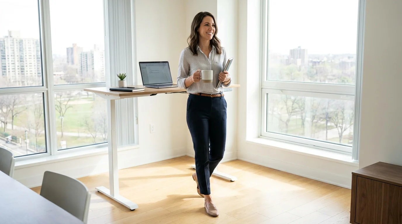 Woman in her early 30s taking a short walking break in a bright naturally lit home office, representing non-exercise activity thermogenesis as one of the most effective simple daily habits to boost metabolism. Editorial lifestyle photography illustrating how NEAT movement throughout the day often burns more total calories than a single gym session, making it a powerful and accessible metabolic strategy for American women over 30 looking to increase daily energy expenditure consistently.