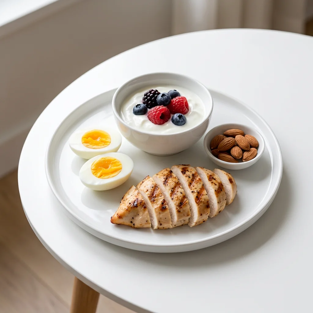 Editorial food photography of a high-protein meal on a clean white table in soft natural morning light featuring grilled chicken, eggs, Greek yogurt, and almonds, representing the thermic effect of food as a daily metabolism-boosting strategy. Created for a women's health article about simple daily habits to boost metabolism naturally, illustrating how protein-forward eating increases calorie burning during digestion and supports lean muscle mass retention for American women over 30.