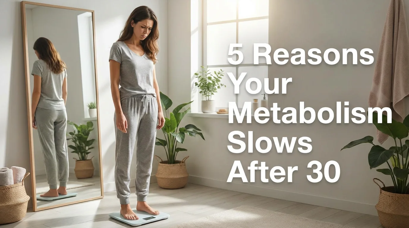 Blog cover image for a women health article about the biological reasons metabolism slows after 30. Woman in her early 30s looking frustrated while standing on a bathroom scale in bright natural indoor light, editorial photography style. Text overlay on the right side reads: 5 Reasons Your Metabolism Slows After 30. Designed for American women researching slow metabolism causes, muscle loss after 30, hormonal shifts, and evidence-based natural fat burning solutions for adults.