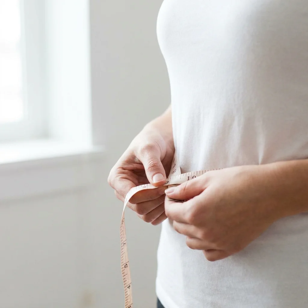 Close-up editorial wellness photography of a woman's hands holding a measuring tape around her waist in soft natural light, representing the measurable physical impact of muscle loss and metabolic slowdown on women after 30. Illustrates how adults naturally lose 3 to 8 percent of muscle mass per decade after 30, resulting in a metabolism that burns significantly fewer calories per day by age 35 and increasingly less through age 45 and beyond without targeted nutritional support.