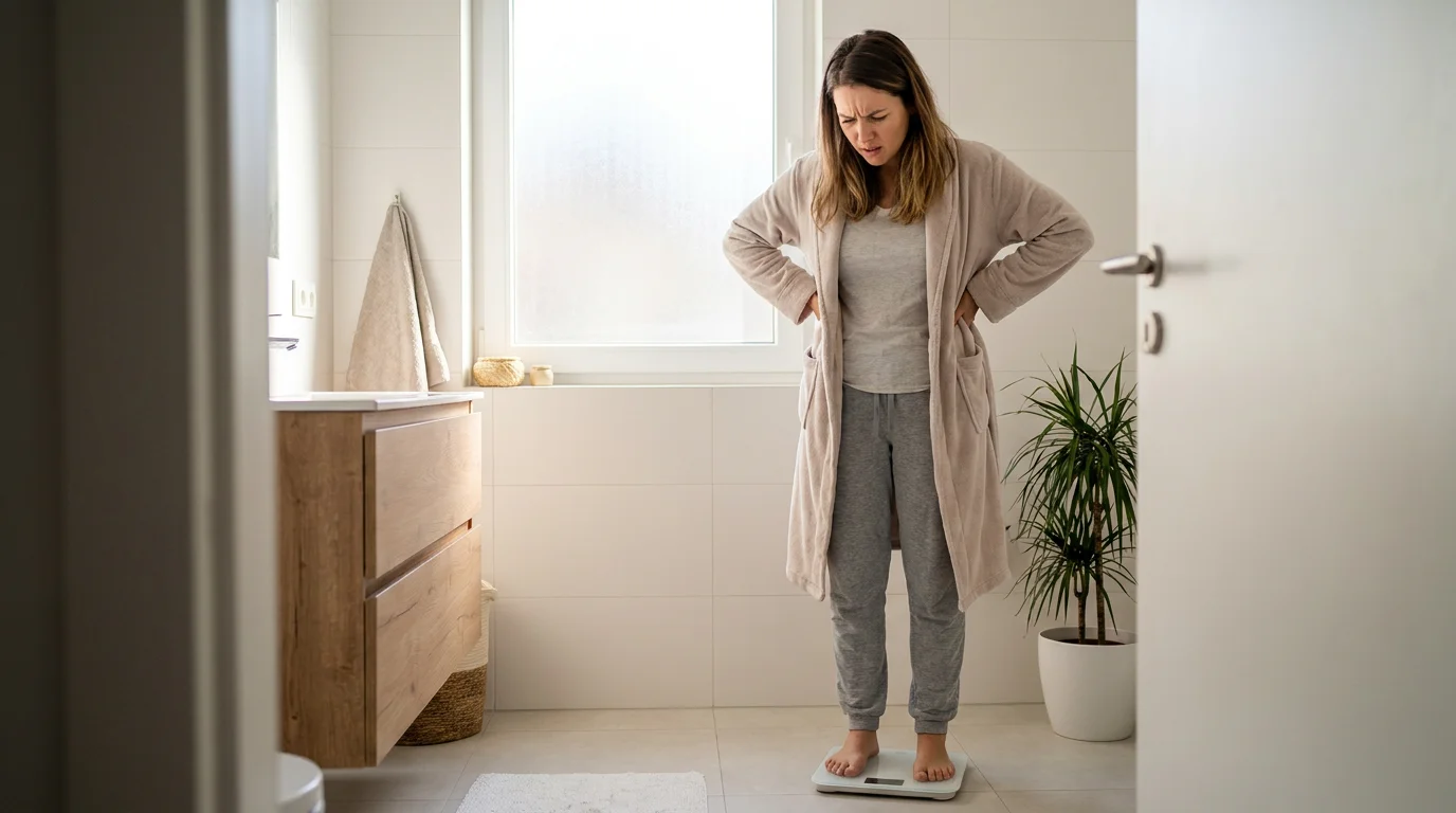Woman in her early 30s standing on a bathroom scale looking frustrated and confused despite consistent healthy eating and regular exercise habits, representing the common experience of unexplained weight gain and slow metabolism after 30. Editorial lifestyle photography for a women's health article about the 5 key biological reasons metabolism slows after 30 and what American women can do to effectively support fat burning, energy, and metabolic function at the cellular level.