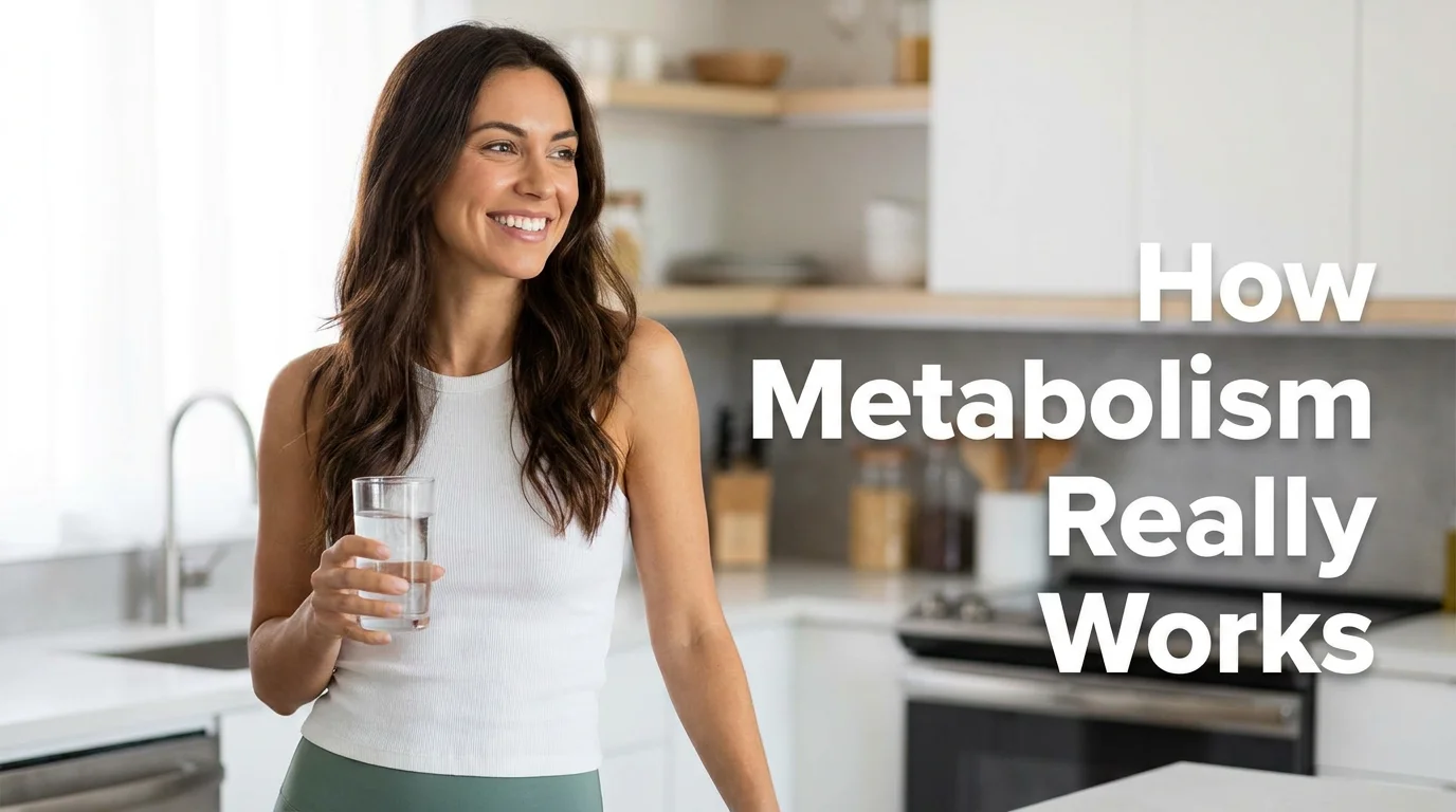 Blog cover image for a women health article about how metabolism really works and why it slows after 30. Woman in a bright modern kitchen looking energized and healthy in natural morning light, clean editorial photography style. Text overlay on the right side reads: How Metabolism Really Works. Created for American women researching metabolism science, basal metabolic rate, thermic effect of food, and evidence-based strategies to support metabolic health and sustained energy after 30.