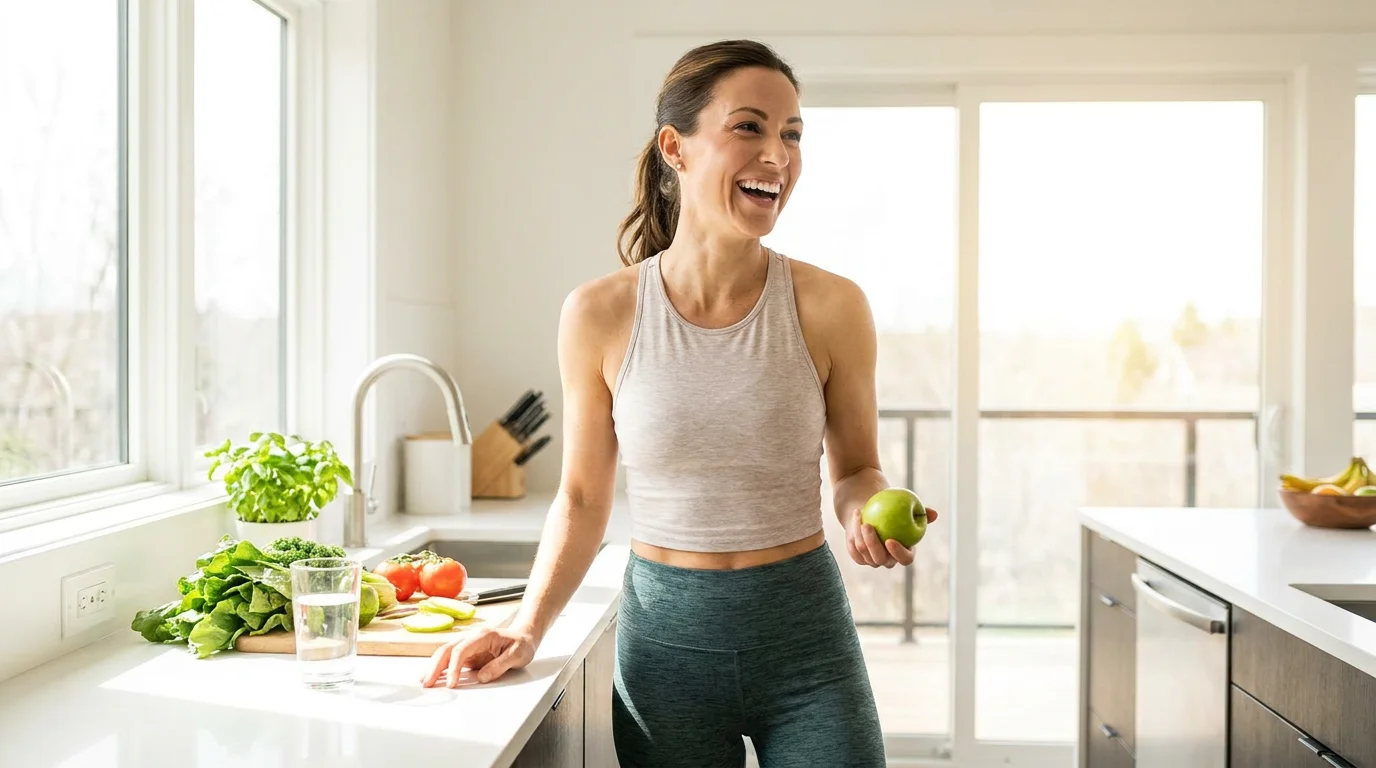 Woman in her early 30s in a bright modern kitchen looking energized and healthy with natural morning light streaming in, representing metabolic wellness and the vitality that comes from understanding and supporting how metabolism works. Editorial lifestyle photography for a women's health article about how metabolism really works and why it slows after 30, covering BMR, thermic effect of food, anabolism, catabolism, and science-backed strategies for American women to support metabolic health.