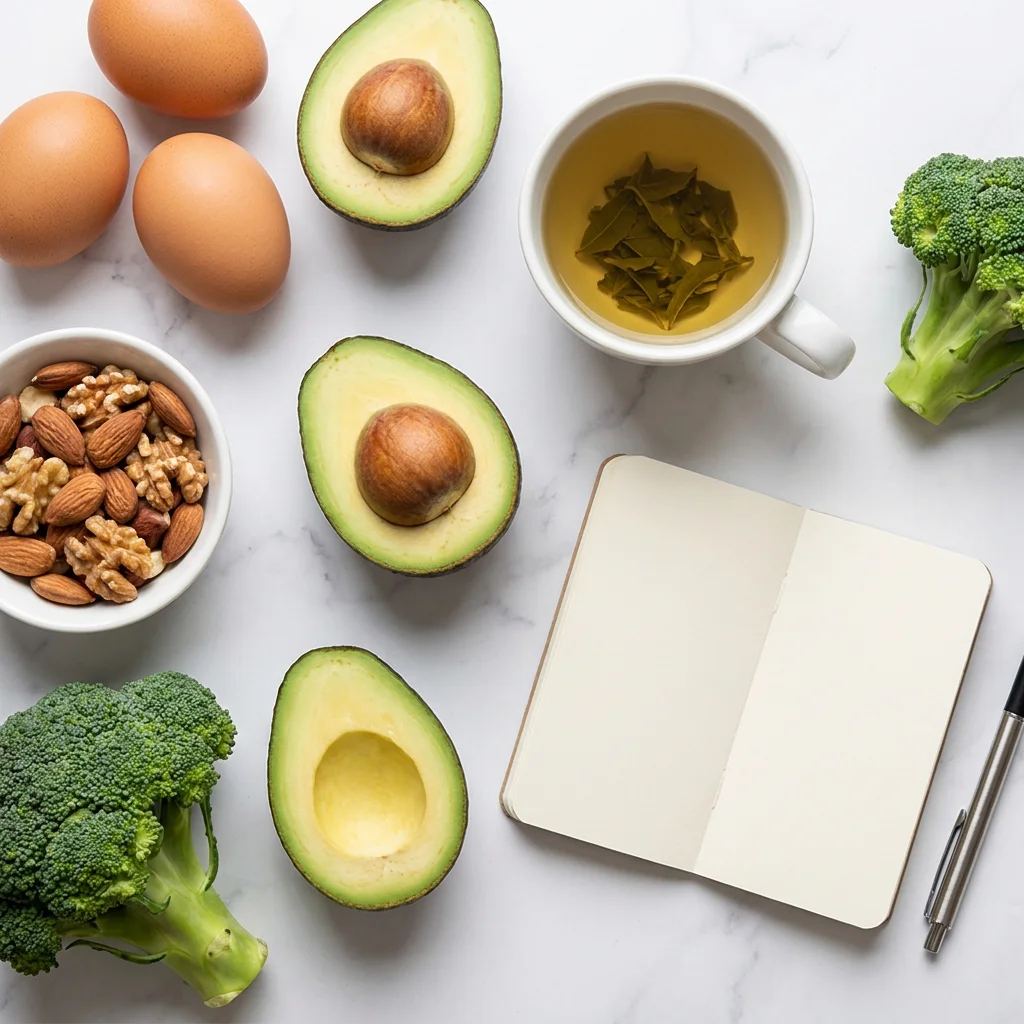 Editorial flat lay photography of healthy metabolism-supporting foods arranged on a white marble surface including eggs, avocado, nuts, green tea, and broccoli with a small notebook and pen, representing the science-backed nutritional approach to metabolic health. Created for a women's health article about how metabolism works, illustrating the key foods and research-backed strategies that support basal metabolic rate, thermic effect of food, and energy expenditure for American women over 30.