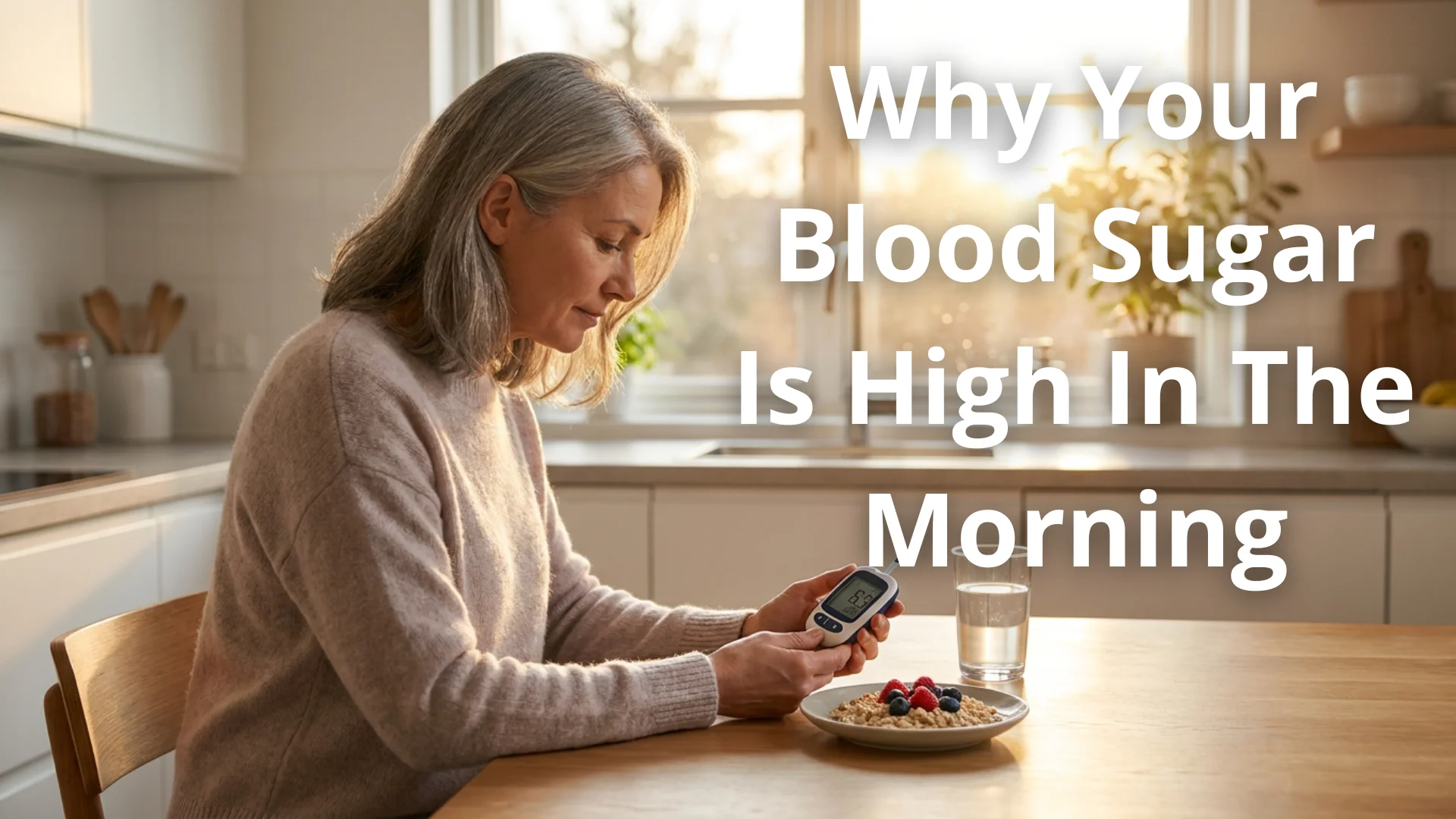 Editorial health blog cover image for a Gendrelly Blood Sugar Health article about why blood sugar spikes in the morning even before eating. American adult over 40 checking glucose numbers beside water and a simple breakfast with warm sunrise light through a kitchen window, representing the dawn phenomenon, overnight glucose regulation, and the hidden metabolic changes that cause unexpected fasting blood sugar readings for American adults managing and monitoring glucose levels after 40.