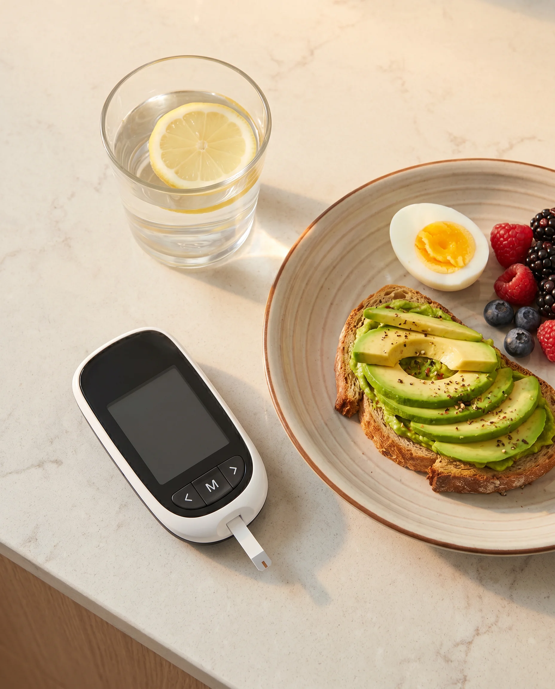 Close-up editorial image of a glucose meter, morning light, and a healthy breakfast plate on a clean kitchen counter, illustrating how blood sugar can rise in the morning even before food intake. Used for a Gendrelly educational article about dawn phenomenon, overnight glucose regulation, insulin signaling, cellular glucose uptake, and why adults over 40 may experience unexpected fasting blood sugar spikes. without blaming discipline or willpower. after 40. in daily life. each morning.
