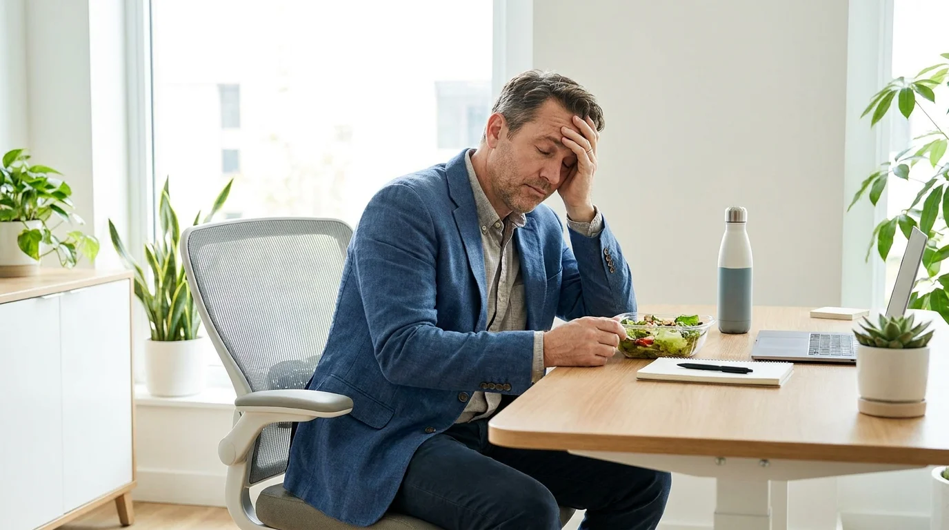 American professional over 40 sitting in a workplace environment after lunch struggling with concentration and visible drowsiness representing the common experience of post-meal fatigue and reduced mental clarity associated with blood sugar fluctuations and glucose transport efficiency reviewed at Gendrelly wellness portal for a health education article focused on understanding why you feel sleepy after eating and the role of insulin response in daytime energy and alertness.