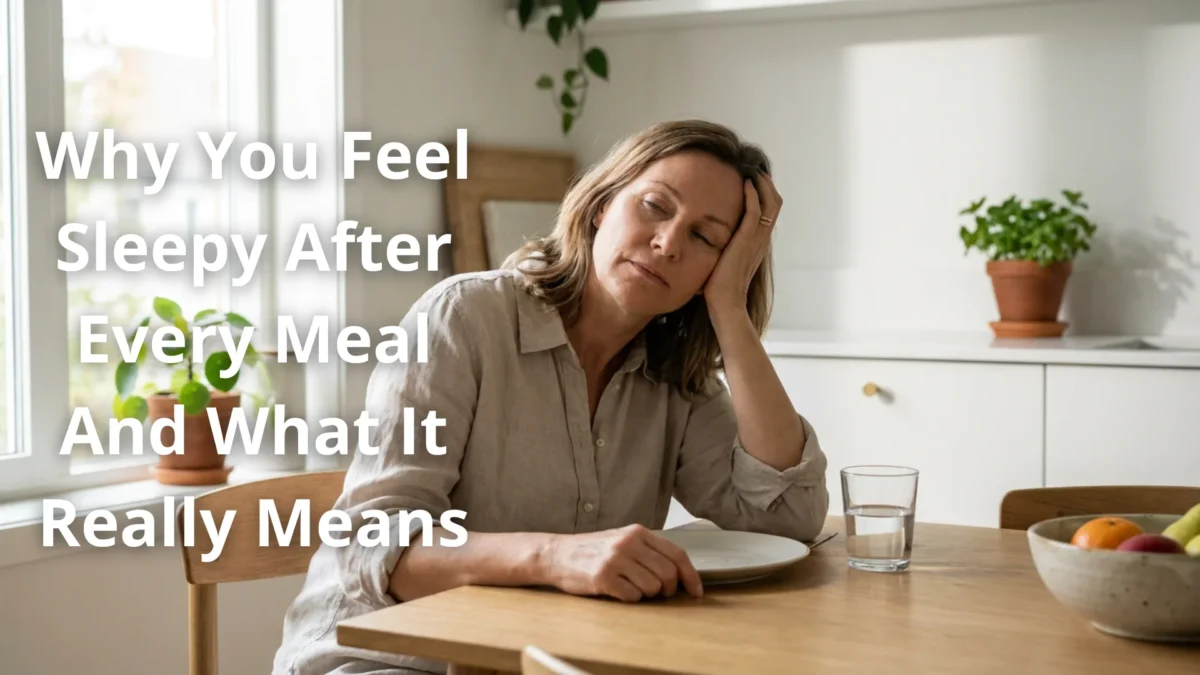 Editorial cover image for a Gendrelly blood sugar article about post-meal sleepiness showing an American adult over 40 looking tired and drowsy at a dining table after lunch representing the blood sugar crash cycle that researchers associate with declining insulin sensitivity and glucose transport efficiency in US adults seeking natural solutions for sustained post-meal energy focus and afternoon alertness without relying on caffeine after meals reviewed at Gendrelly wellness portal.