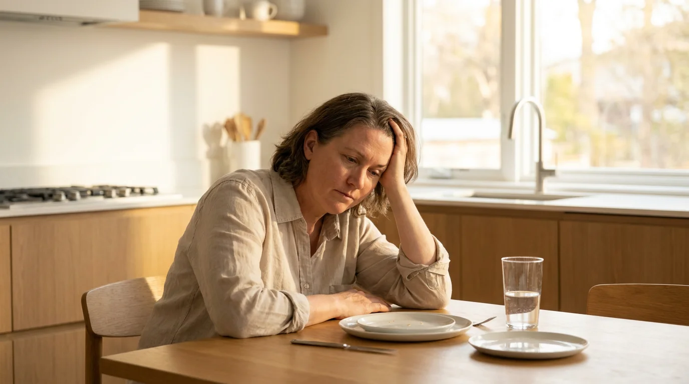 American adult over 40 sitting at a dining table shortly after lunch appearing tired and sleepy while resting their head on one hand representing the post-meal fatigue and blood sugar crash that researchers associate with declining insulin sensitivity and glucose transport efficiency in US adults over 40 reviewed at Gendrelly wellness portal for an educational article about why you feel sleepy after eating and the connection to cellular energy production and GLUT4 function.
