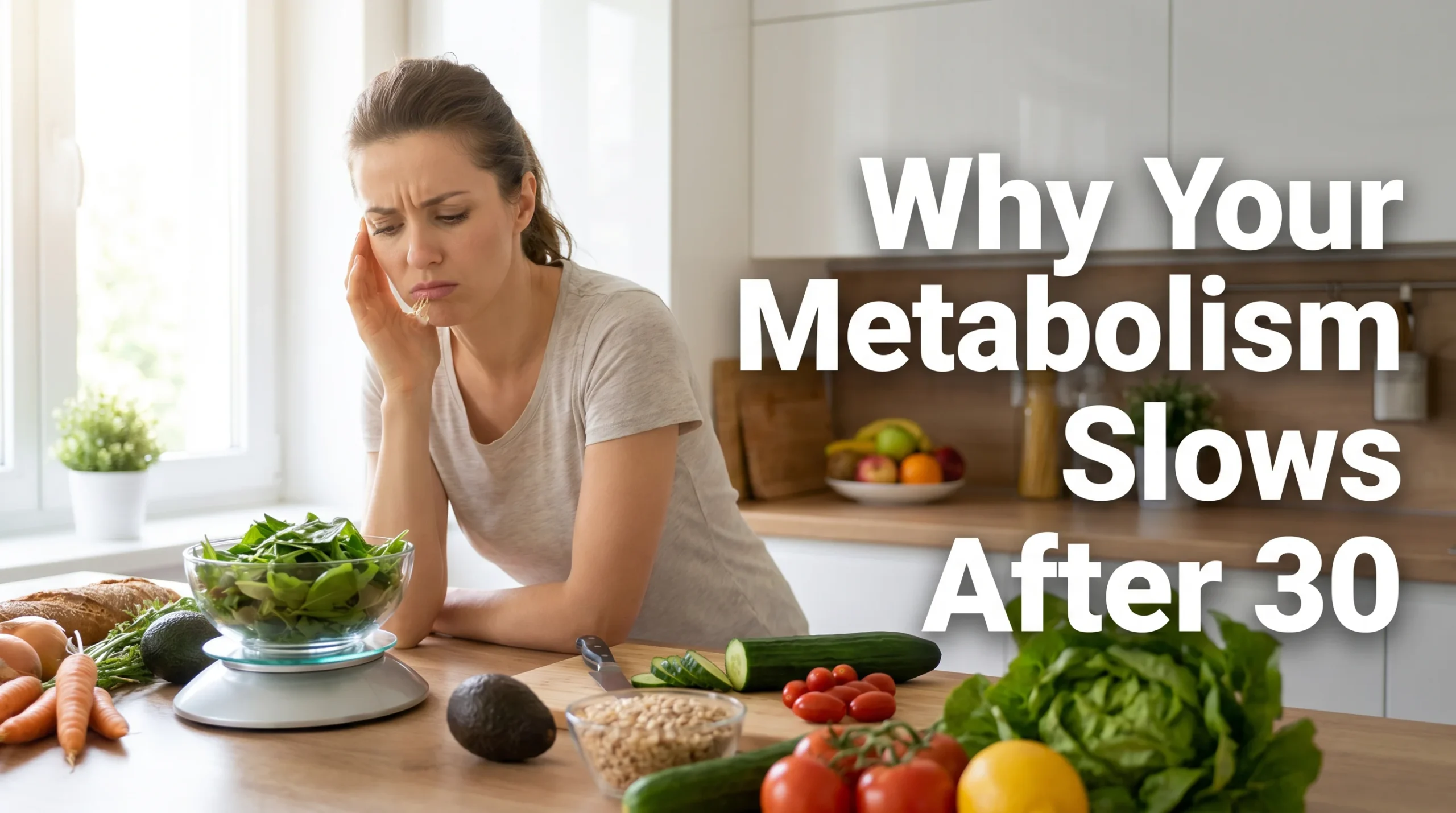 Blog cover image for a women's health article about why metabolism slows after 30. Woman in her early 30s looking discouraged near a kitchen scale surrounded by healthy food, bright natural indoor light, editorial photography style. Text overlay on the right reads: Why Your Metabolism Slows After 30. Created for American women researching metabolism support, hormonal balance, fat-burning strategies, and solutions for slow metabolism and low energy that no longer responds to diet alone.