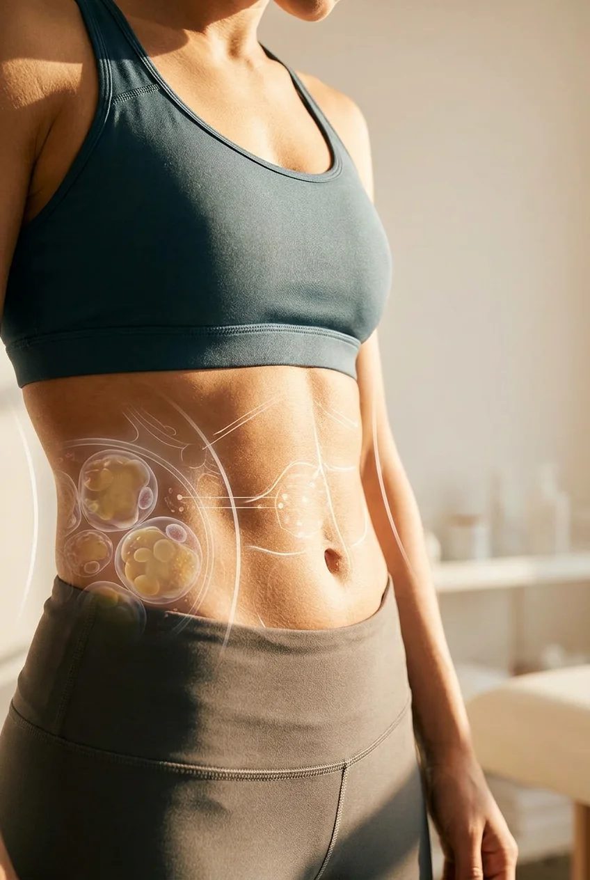 Scientific diagram showing brown adipose tissue thermogenesis and calorie burning process in adults over 35.