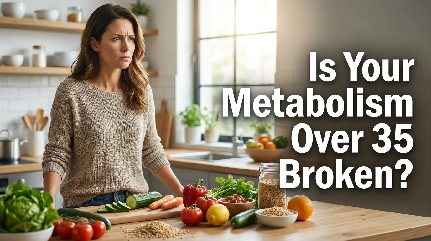 Blog cover image for a women's health article about slow metabolism after 35. Woman in her mid-30s standing in a bright modern kitchen looking frustrated but determined, surrounded by healthy food on the counter, editorial photography style. Text overlay on the right side reads: Is Your Metabolism Over 35 Broken. Created for American women researching metabolism support, natural thermogenic supplements, and evidence-based fat burning solutions specifically designed for adults after 35.