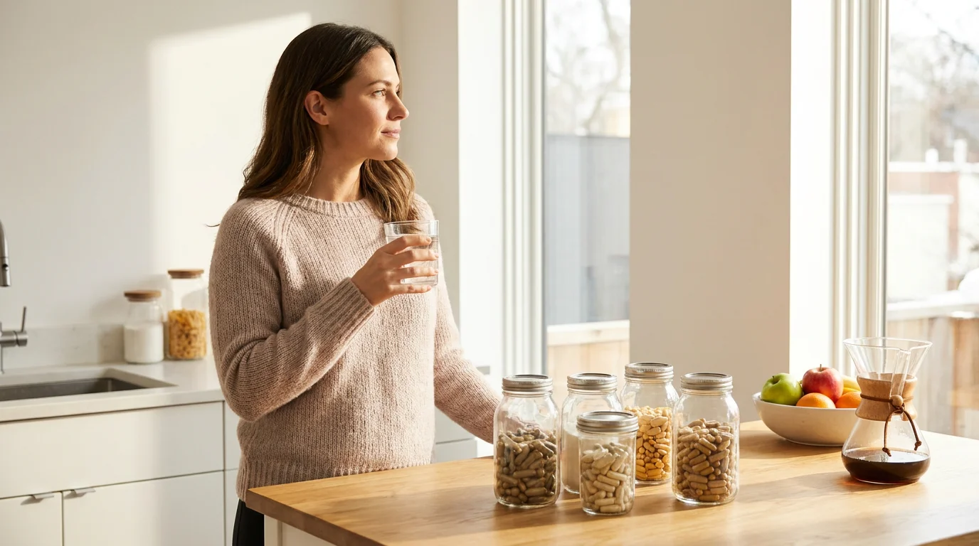 Woman in bright wellness kitchen holding a glass of water with natural supplements on counter, representing daily metabolism support routine after 35.