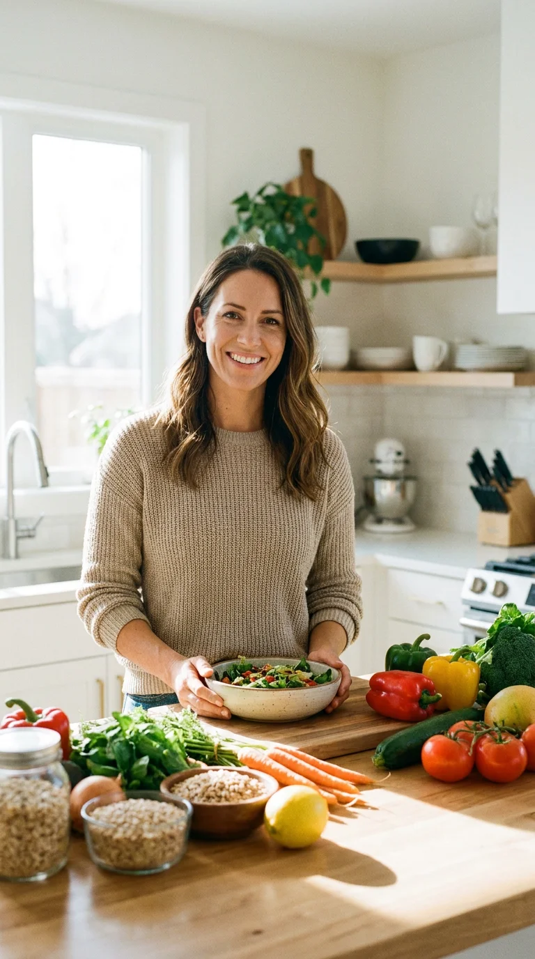 Woman smiling confidently in kitchen with healthy food around her, representing natural appetite control and metabolism support after 35.