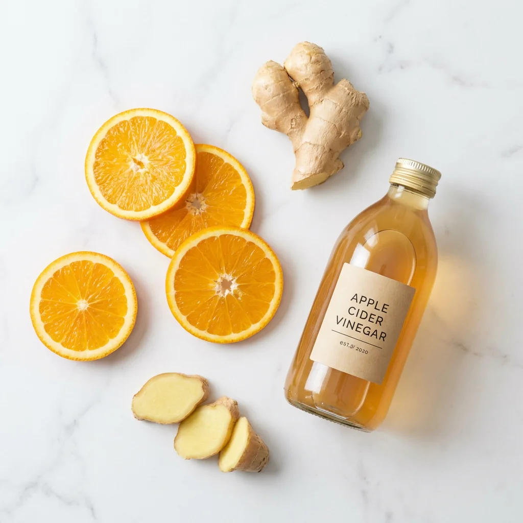 Flat lay of Seville orange slices, ginger root and apple cider vinegar — natural thermogenic ingredients studied for metabolism support after 35.