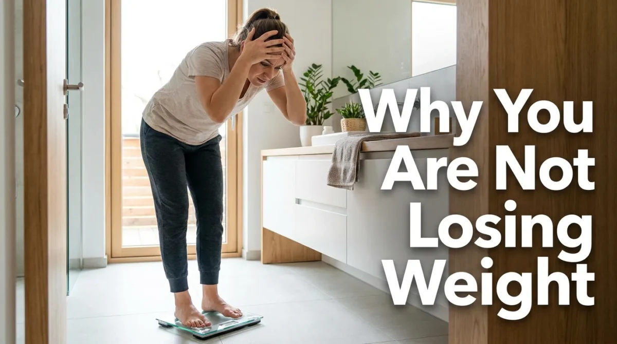 Blog cover image for a women's health article about why you are not losing weight despite diet and exercise. Person standing on a bathroom scale looking frustrated in a bright modern home, editorial photography style. Text overlay on the right side reads: Why You Are Not Losing Weight. Created for American women researching weight loss plateau causes, biological reasons for stalled fat loss, hormonal weight gain, and science-backed strategies to break through metabolic resistance after 30.
