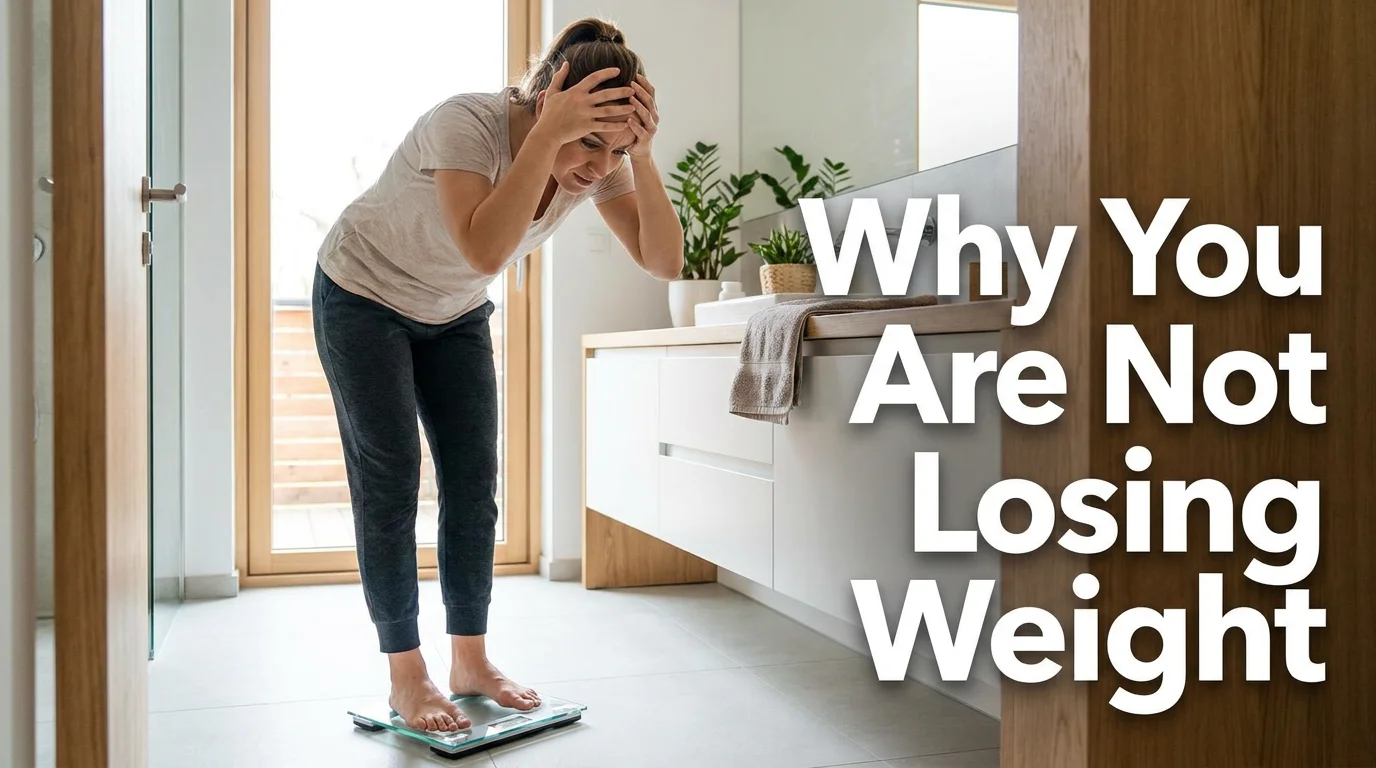 Blog cover image for a women's health article about why you are not losing weight despite diet and exercise. Person standing on a bathroom scale looking frustrated in a bright modern home, editorial photography style. Text overlay on the right side reads: Why You Are Not Losing Weight. Created for American women researching weight loss plateau causes, biological reasons for stalled fat loss, hormonal weight gain, and science-backed strategies to break through metabolic resistance after 30.