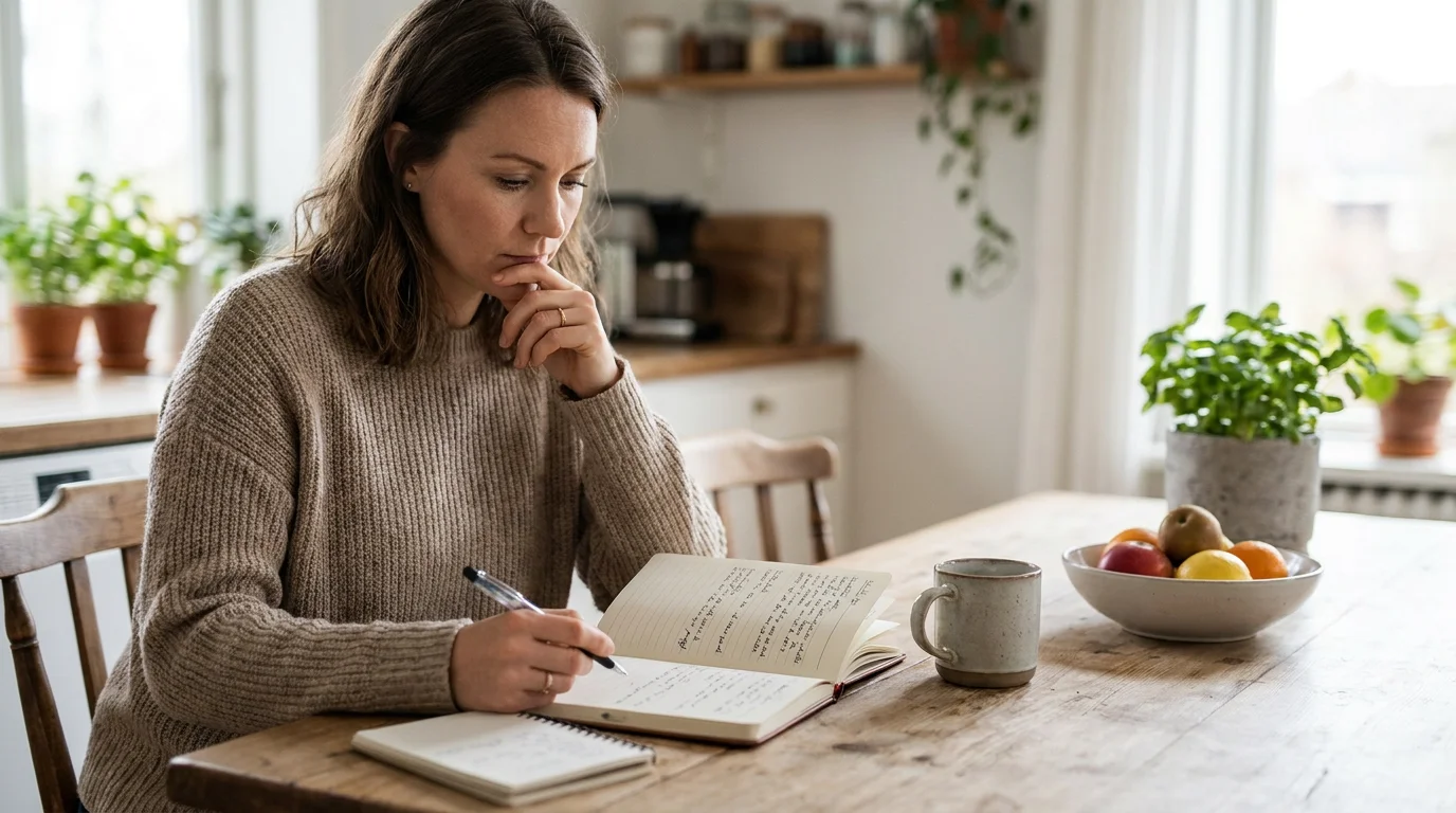 Woman in her early 30s reviewing her meal plan in a journal at a kitchen table in soft natural morning light, looking focused and thoughtful, representing the strategic approach to identifying and addressing the biological factors behind a weight loss plateau. Editorial lifestyle photography for a women's health article about why American women over 30 stop losing weight despite effort and what evidence-based interventions address hormonal resistance and metabolic adaptation.