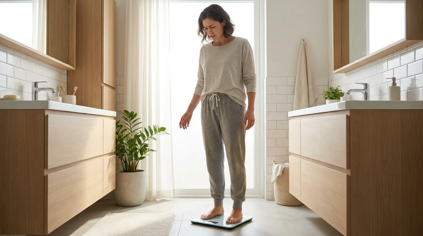 Person standing on a digital bathroom scale looking frustrated in a bright modern home setting with soft natural morning light, representing the weight loss plateau that occurs despite consistent diet and exercise efforts. Editorial lifestyle photography for a women health article about the biological reasons why you are not losing weight, covering cortisol elevation, metabolic adaptation, nutrient deficiencies, and hormonal imbalances that block fat loss for American women over 30.
