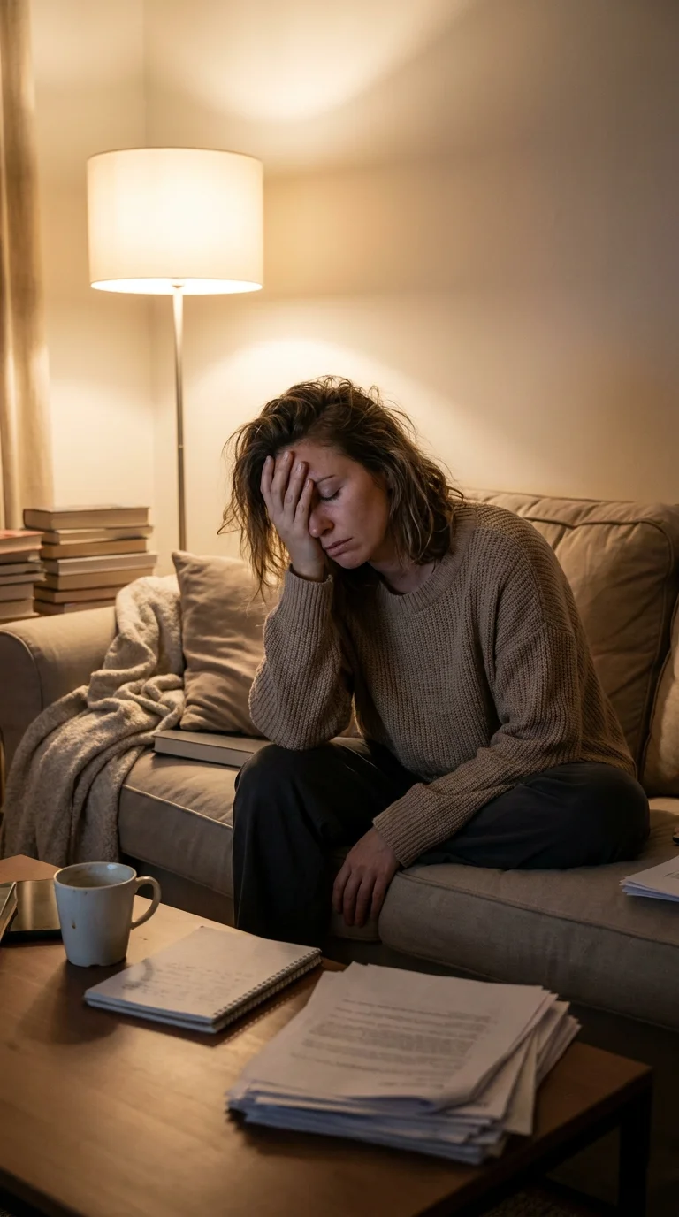 Stressed woman sitting on a couch in dim warm light looking exhausted and overwhelmed, representing the link between chronically elevated cortisol and weight loss resistance in women over 30. Editorial lifestyle photography illustrating how chronic stress promotes visceral fat storage, suppresses brown adipose tissue thermogenesis, and triggers muscle breakdown that reduces resting metabolic rate for American women experiencing stubborn weight gain despite consistent healthy lifestyle habits.