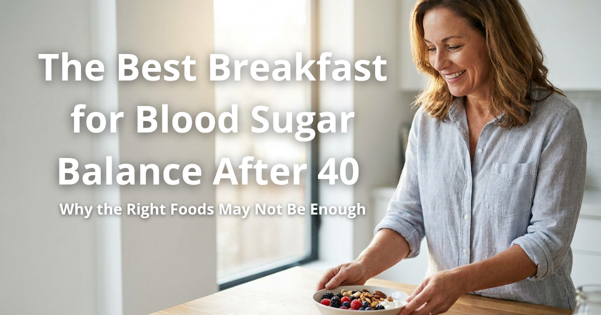 Best breakfast for blood sugar balance editorial illustration showing an American adult over 40 at a breakfast table with eggs and vegetables experiencing mid-morning energy instability despite a healthy meal representing GLUT4 glucose transport challenges and cellular energy delivery reviewed at Gendrelly wellness portal for US adults seeking stable morning energy and natural blood sugar support after age 40 through research-informed nutritional and metabolic health education.