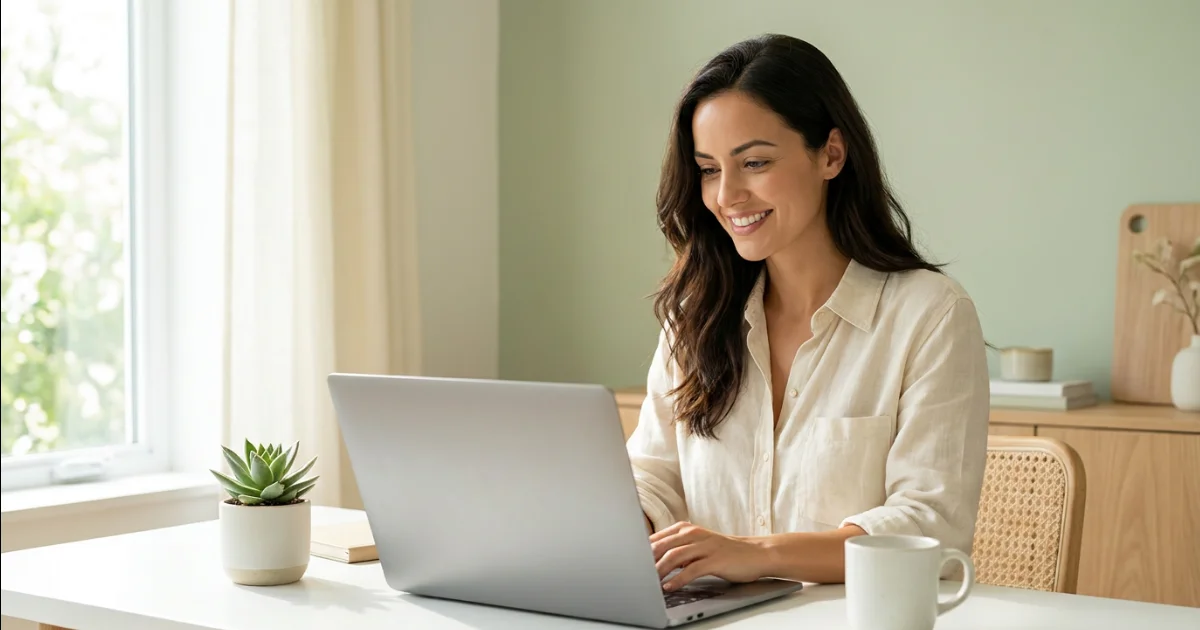 Contact Gendrelly — smiling woman with warm olive skin and dark wavy hair sitting at a bright natural-light home office desk, typing on a laptop while reading a message, with a small succulent plant and white ceramic mug on the desk beside her — featured image for the contact page of Gendrelly, an independent wellness editorial platform serving US readers focused on metabolism support, blood sugar health, mens health topics, and evidence-based supplement and nutrition research