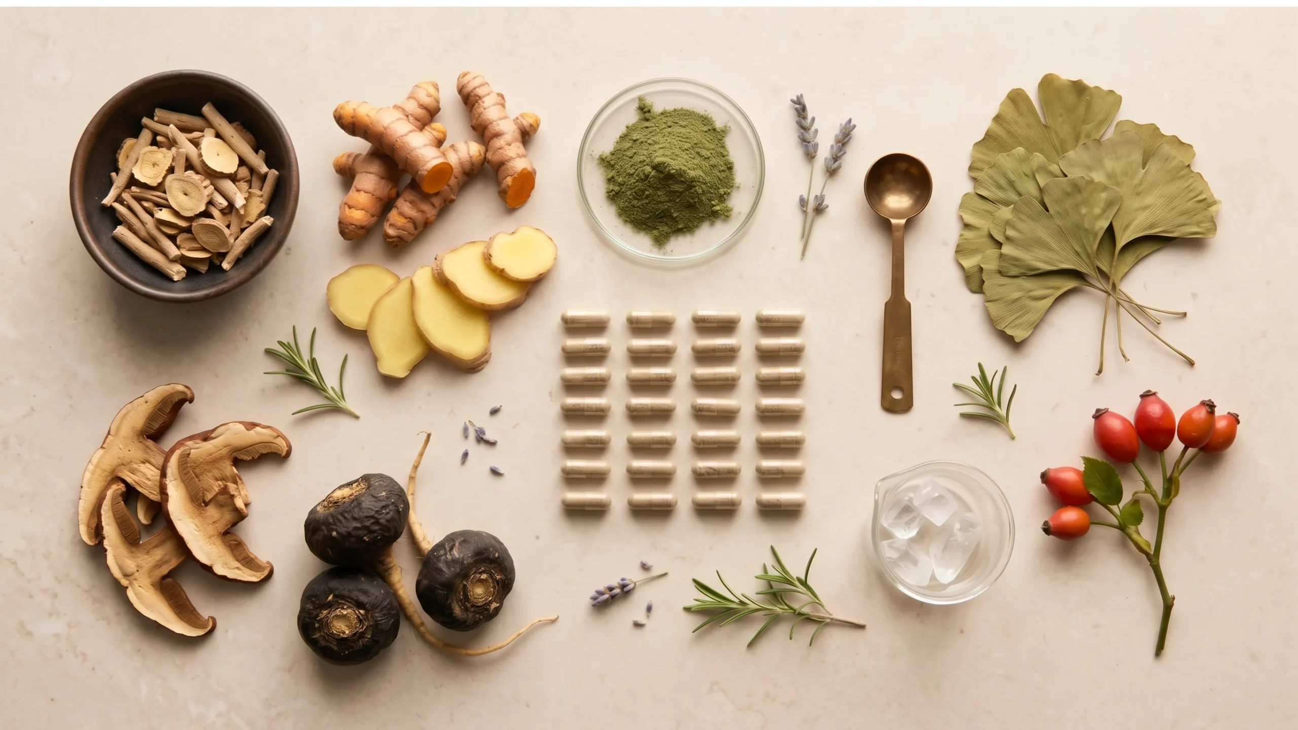 Flat lay of natural prostate support ingredients including nettle root, ginseng root, fenugreek seeds, maca and other herbs and minerals on a clean white surface, representing a source-based review of what the research says about each compound for men's prostate health, with the label dose of each ingredient. Published at the Gendrelly wellness portal for American men comparing supplement labels before they buy, with clear plain-language answers and no exaggerated claims or hype.